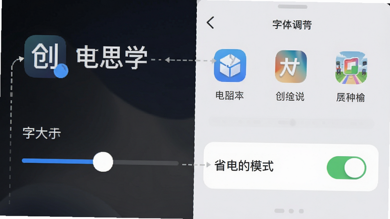 创思学APP设置界面细节图,展示字体大小调节滑块与省电模式开关,界面布局清晰,图标精致,背景为浅灰色,高清UI设计图
