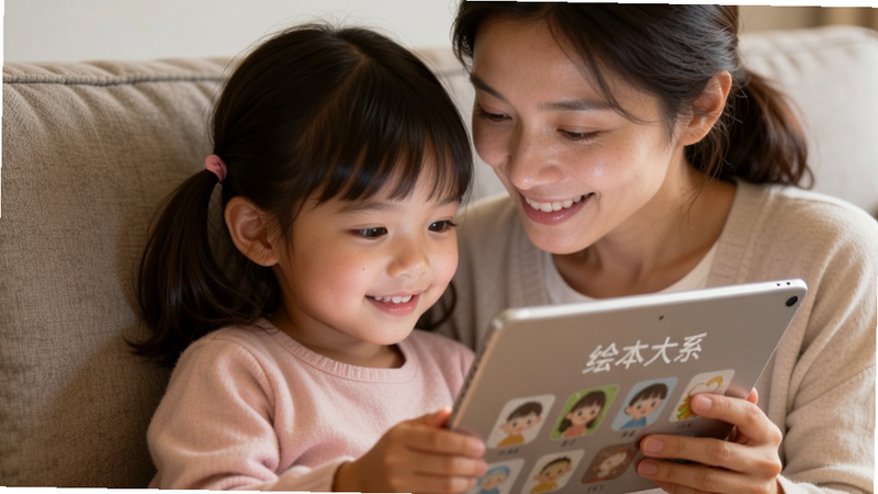 主体是一位母亲和一个小女孩坐在沙发上,手持平板电脑,屏幕上显示着“绘本大系”的界面,两人面带微笑,气氛温馨。布局为近景特写,风格为写实摄影与数字插画结合,细节展示屏幕发出的柔和光线照亮孩子脸庞,画质细腻,干净,无多余元素