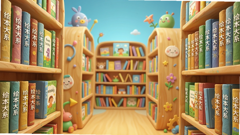 主体是一个虚拟的数字图书馆空间,书架上摆满了各式各样的儿童绘本,书脊上隐约可见“绘本大系”字样。布局为对称式书架设计,风格为超现实主义与童趣结合,色彩明亮饱和,细节展示书本的纸质纹理与立体感,画质高清,干净,无多余元素