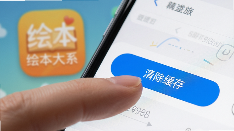 主体是一个手机设置界面的特写,手指正在点击“清除缓存”按钮,背景虚化显示“绘本大系”图标。布局为局部放大,风格为UI设计展示,细节清晰展示按钮高亮状态,画质清晰,干净,无多余元素