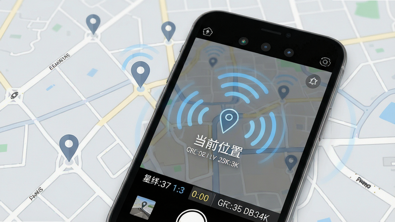 主体为地图界面与手机相机的结合场景。布局上,背景是淡灰色的数字地图,上面有清晰的道路网格和定位标记点。前景是一部智能手机,屏幕显示相机界面,水印区域突出显示具体的经纬度数字和“当前位置”字样。风格为科技感与实用性结合,细节上体现定位信号的波纹扩散效果,排版整洁,文字清晰可读,画质高清,无杂乱背景,突出定位精准这一核心卖点。