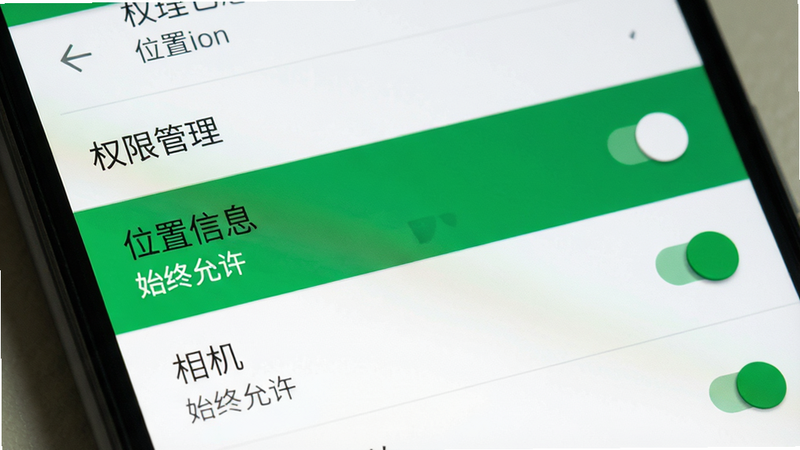 主体为手机设置界面特写,焦点集中在“权限管理”选项卡。布局为典型的Android系统设置风格,列表项清晰,高亮显示“位置信息”和“相机”权限为“始终允许”状态。风格为扁平化系统UI,细节处体现开关按钮的绿色激活状态,排版整齐,文字清晰,画质逼真,无多余弹窗,直观展示权限设置的关键步骤。