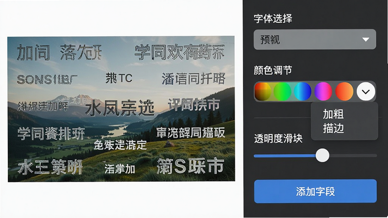 主体为软件设置界面,展示水印自定义功能。布局分为左右两栏,左侧为预览区,显示一张带有多种文字水印的风景照;右侧为控制面板,包含“字体选择”、“颜色调节”、“透明度滑块”和“添加字段”按钮。风格为简洁的移动端设计,细节处展示下拉菜单中的选项,如“加粗”、“描边”等。排版井然有序,文字标签清晰,画质细腻,体现软件的高度可定制性,无多余UI元素,突出用户体验。