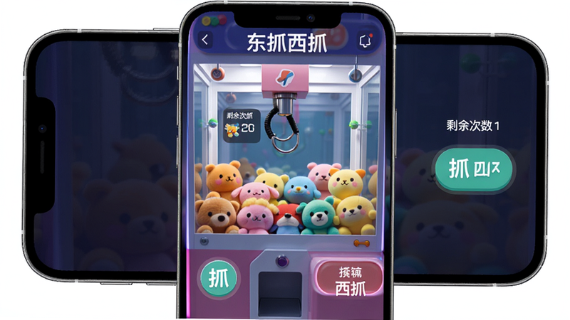 主体为“东抓西抓”APP的手机屏幕特写,布局居中显示抓娃娃机界面,排版清晰展示抓取按钮与剩余次数,风格为现代扁平化UI设计,细节包括透明的玻璃柜内彩色毛绒玩具,画质高清,干净,无多余元素,画面中包含文字“东抓西抓”