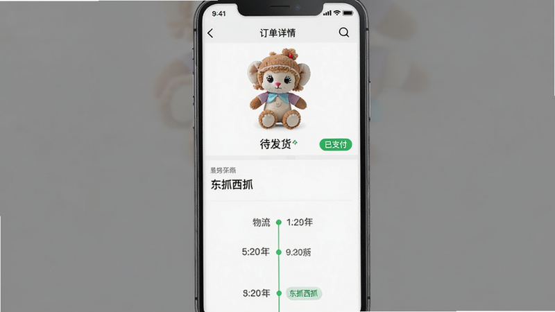 主体为APP内的订单详情页面,布局上方显示玩偶图片与状态“待发货”,下方为物流轨迹时间轴,排版逻辑清晰,风格为商务简约风,细节包括绿色的“已支付”标签,画质高清,干净,无多余元素,画面中包含文字“东抓西抓”