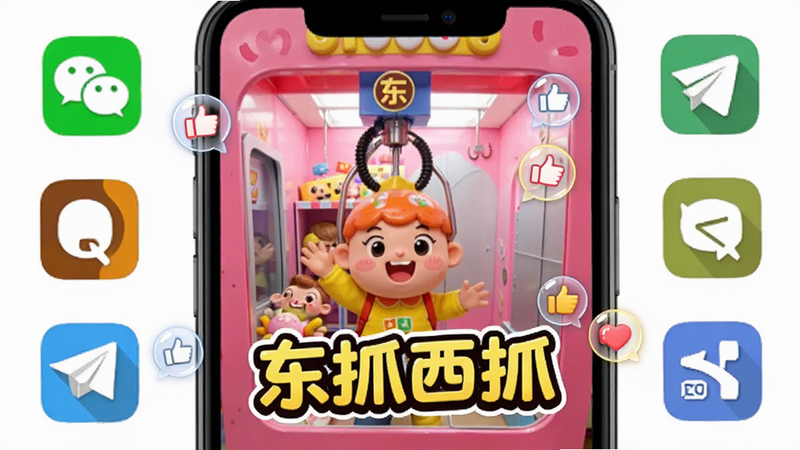 主体为手机分享界面,布局中心为一张抓娃娃成功的精彩瞬间截图,周围环绕分享图标(微信、QQ等),排版对称,风格为活泼卡通风,细节包括点赞气泡特效,画质鲜艳,干净,无多余元素,画面中包含文字“东抓西抓”