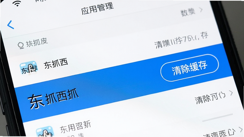 主体为手机设置界面中的“应用管理”列表,布局突出“东抓西抓”条目,排版简洁,风格为系统原生UI,细节包括“清除缓存”按钮被高亮显示,画质清晰,干净,无多余元素,画面中包含文字“东抓西抓”