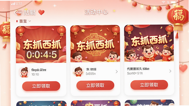 主体为APP内的“活动中心”页面,布局展示多个活动卡片,排版丰富,风格为节日喜庆风,细节包括倒计时器与“立即领取”按钮,画质鲜艳,干净,无多余元素,画面中包含文字“东抓西抓”