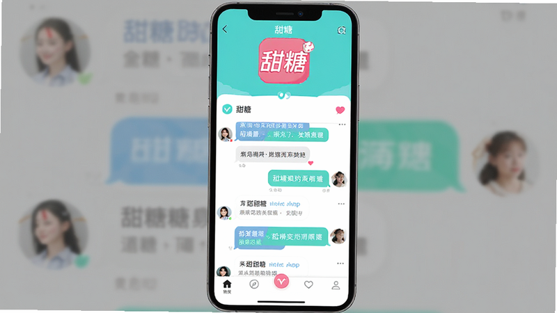 主体为甜糖App的首页界面截图,布局采用中心对称式,顶部显示Logo,中间为动态消息流,底部为导航栏,风格为清新扁平化,细节包含聊天气泡和用户头像,画质高清,干净,无多余元素,文字