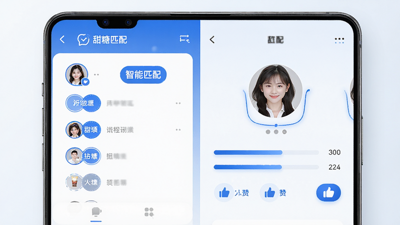 主体为甜糖App的匹配功能界面,布局为左右分栏,左侧显示用户标签,右侧显示匹配结果,风格为科技感蓝白配色,细节包含匹配进度条和点赞图标,画质高,干净,无多余元素,文字