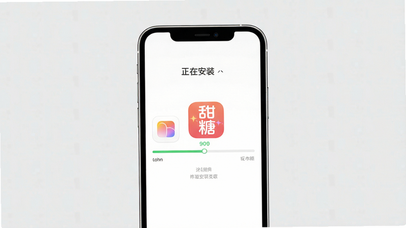主体为手机安装甜糖App的界面,布局为手机屏幕居中,背景为浅灰色,风格为极简主义,细节显示安装进度条和软件图标,画质清晰,干净,无多余元素,文字