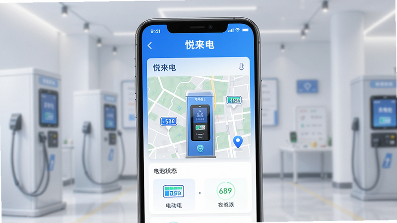 悦来电APP主界面高清预览图,主体为手机屏幕显示换电柜地图与电池状态,布局清晰简洁,排版现代简约,风格科技感蓝色调,细节包含电池电量图标与定位标记,画质高清,干净无多余元素,文字“悦来电”加粗显示