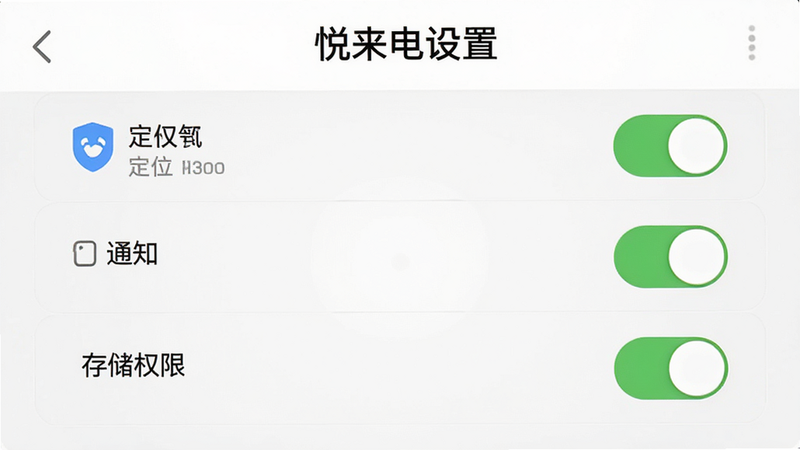 悦来电APP设置界面示意图,主体为权限管理页面,布局为列表形式,排版整齐,风格简洁UI设计,细节包含定位、通知、存储权限开关状态,画质清晰,干净背景,文字“悦来电设置”清晰