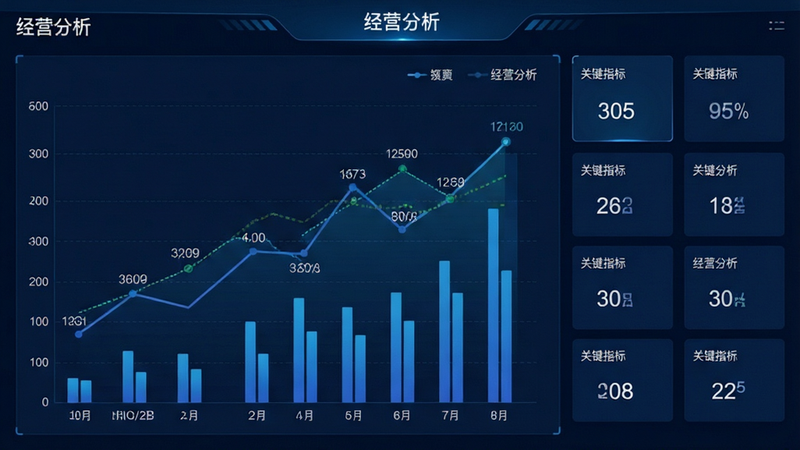 数据可视化大屏界面,主体为折线图与柱状图,布局为左右分栏,左侧为趋势图,右侧为关键指标卡片,排版专业严谨,风格为深色科技蓝背景,细节包含坐标轴与数据标注,画质高清,干净无噪点,文字标签为