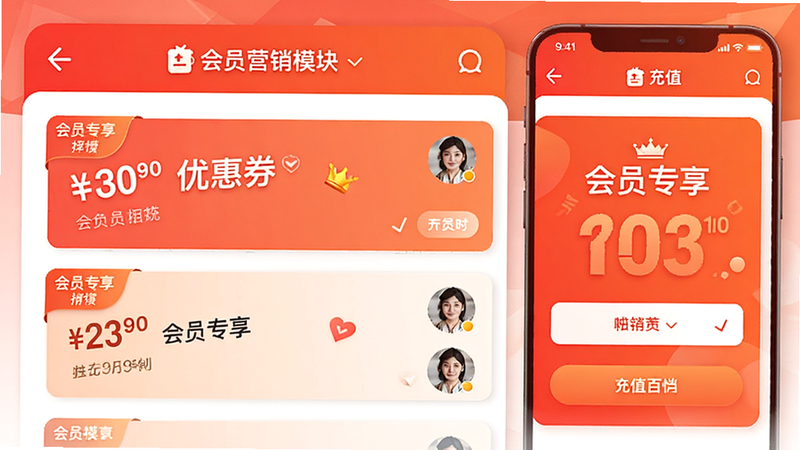 手机App会员营销模块界面,主体为优惠券列表与充值页面,布局采用卡片式设计,排版紧凑且重点突出,风格为电商促销红橙色调,细节显示折扣标签与用户头像,画质清晰,干净界面,无干扰元素,文字标签为
