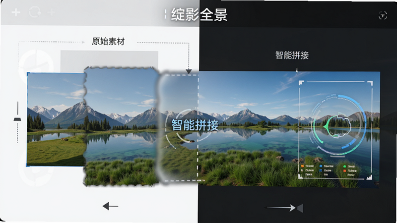 展示“绽影全景”软件自动拼接功能的示意图,主体为两个重叠的图片片段正在合并成一个完整的全景图,布局对比鲜明,左侧为原始素材,右侧为合成结果,排版直观,风格为技术图解风,细节展示边缘融合效果,文字标注“智能拼接”,画质清晰,干净,无多余元素