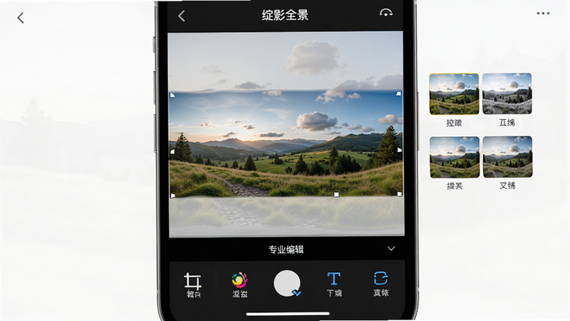 展示“绽影全景”后期编辑界面的概念图,主体为手机编辑页面,底部为工具栏,包含裁剪、滤镜、文本等图标,中部为可编辑的全景图预览区,布局紧凑,排版符合移动端操作习惯,风格为简约UI设计,细节展示滤镜效果对比,文字标注“专业编辑”,画质细腻,干净,无多余元素