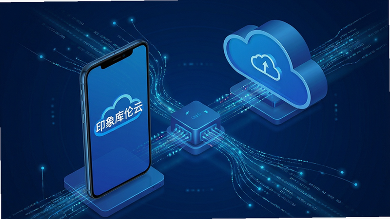 一张科技感十足的数据传输示意图,主体为手机与云端服务器之间的连接,屏幕上显示“印象库伦云”字样,布局呈中心辐射状,排版紧凑,风格为科技蓝调,细节处有数据流线条动画效果,画质清晰,干净,无多余元素