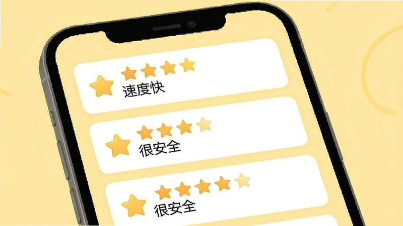 一张用户评价界面的示意图,主体为手机屏幕,显示多条五星好评,文字内容为“速度快”、“很安全”,背景为浅黄色,布局卡片式,排版温馨,风格亲切友好,细节处有星星图标,画质清晰,干净,无多余元素