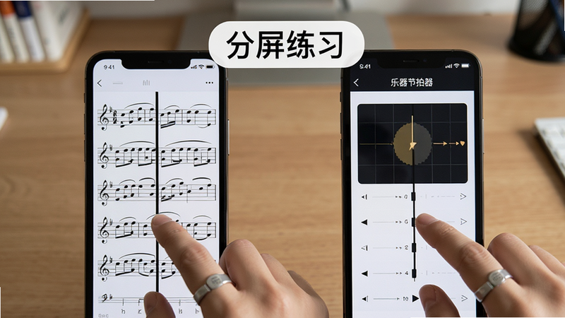 主体为手机分屏操作场景,左侧显示乐谱,右侧显示
