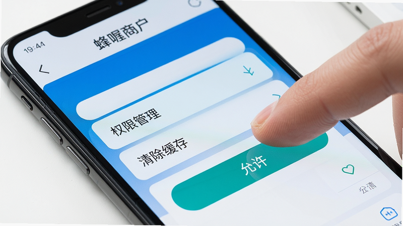 智能手机特写,屏幕显示“蜂喔商户”APP的设置页面,重点高亮显示“权限管理”和“清除缓存”选项。手指正在点击“允许”按钮。背景简洁,光线明亮,突出操作细节,体现安全与便捷。风格写实,高清,无杂乱背景,文字清晰。