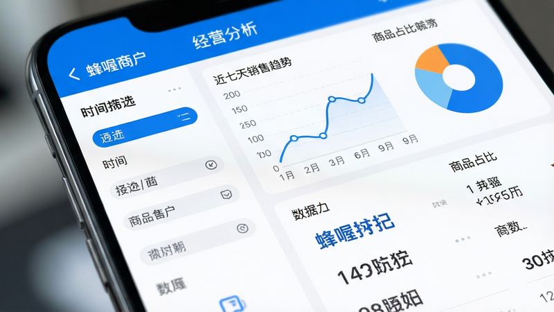 手机屏幕特写,显示“蜂喔商户”APP内的“经营分析”页面。界面左侧是时间筛选器,右侧上方是折线图和饼图,展示近七天的销售趋势和商品占比。下方是具体数据列表,数字醒目。整体UI设计现代简约,蓝色为主色调,白色背景,线条流畅,图标精致。图片主体清晰,焦点集中在屏幕内容上,背景虚化处理,体现专业商务感,高清细节,无水印。