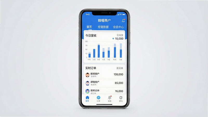 一张高清现代风格的智能手机展示图,手机屏幕中央显示着“蜂喔商户”APP的主界面,界面设计简洁清新,主色调为品牌蓝与白色。屏幕顶部清晰可见“首页”、“经营数据”、“会员中心”等导航栏,中间部分展示着今日营收柱状图和实时订单列表,底部是功能图标。背景为柔和的浅灰色渐变,突出手机主体,光线均匀,无阴影,4k高清,扁平化设计风格,细节丰富,文字清晰可读,无多余杂乱元素。