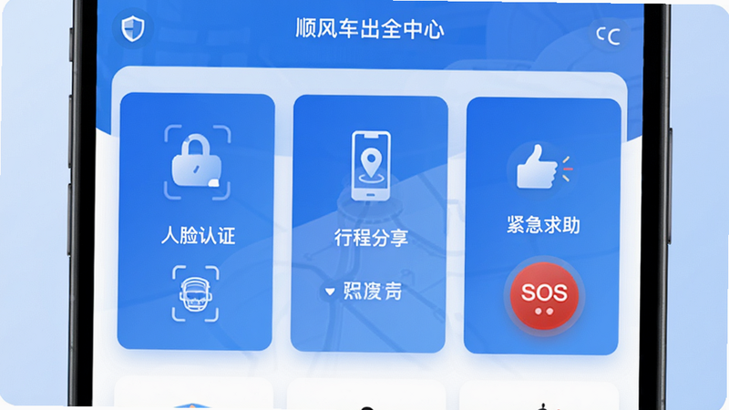 主体为顺风车出行APP的安全中心界面,布局采用卡片式排列,展示“人脸认证”、“行程分享”、“紧急求助”三个核心功能模块,风格为信任感的蓝色系科技风,细节包含盾牌图标、手机定位图标及红色SOS按钮,画质清晰,构图平衡,体现专业与可靠,背景为纯净浅蓝色渐变