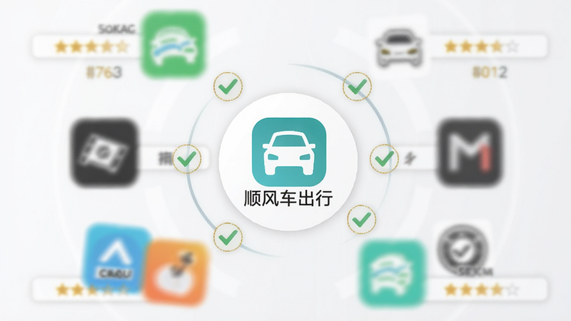 主体为多平台对比概念图,中心是“顺风车出行”Logo,周围环绕着其他模糊的平台图标,形成对比效果,布局放射状,排版平衡,风格商务分析风,细节包括对勾符号、星级评价、价格标签,画质清晰,干净,无多余元素