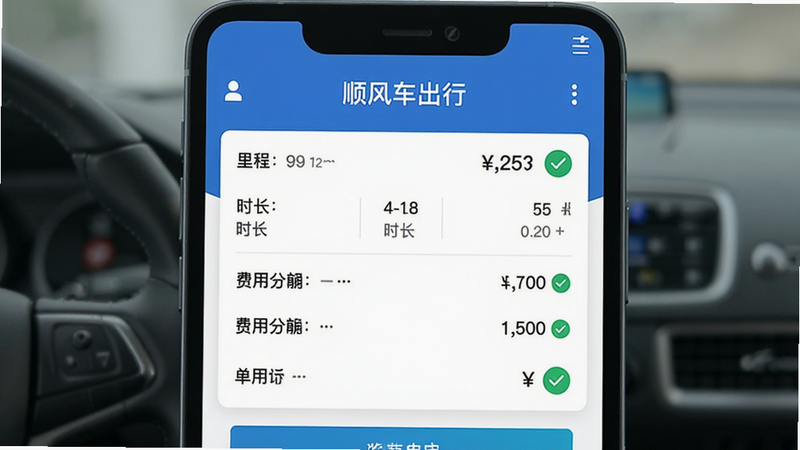 主体为价格计算器界面预览,屏幕显示“顺风车出行”字样,下方是清晰的账单明细,包括里程、时长、费用分摊项,布局上下结构,排版简洁明了,风格商务清新,细节包括货币符号、绿色对勾图标,画质清晰,干净,无多余元素