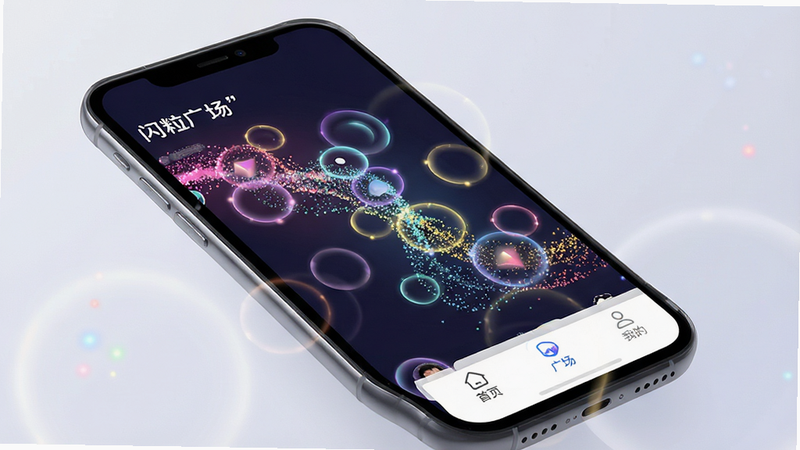 һ��չʾ�罻APP�ڲ����㳡�����ܵĽ���ͼ���������ֻ���Ļ��������������Ĳ�ɫ��������ÿ�����Ӵ���һ����̬��������Χ��΢С�Ĺ��Σ��ײ��������ĵ���������ʾ����ҳ�������㳡�������ҵġ���ͼ�꣬�����������Ű��ִ�������λ�������ϸ�ڷḻ�����ʸ��壬�ɾ��޶���Ԫ�أ����ּ�������ʾ�������㳡��