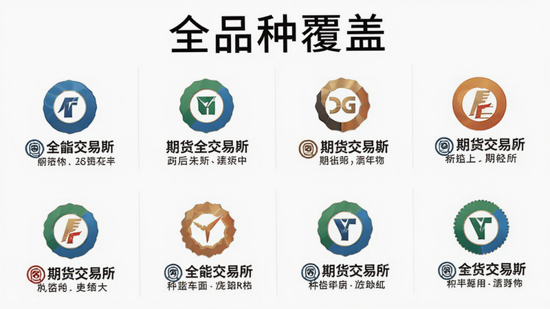主体为多个期货交易所标志组合,布局为网格状排列,排版规整,风格为白色简约背景,细节包含各交易所的Logo与品种名称,画质清晰,干净,无多余元素,文字“全品种覆盖”位于顶部