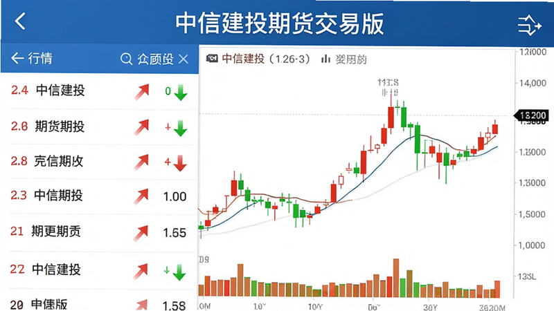 主体为中信建投期货交易版手机应用界面,布局采用左右分栏,左侧为行情列表,右侧为K线图表,排版整齐,风格为商务科技蓝,细节包含红色上涨箭头与绿色下跌箭头,画质清晰,干净,无多余元素,文字“中信建投期货交易版”位于顶部