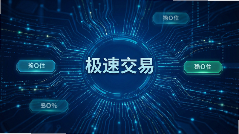 主体为高速数据流与交易按钮,布局为中心放射状,排版紧凑,风格为深蓝色科技背景,细节包含发光的数据线条与确认按钮,画质高清,干净,无多余元素,文字“极速交易”位于中心