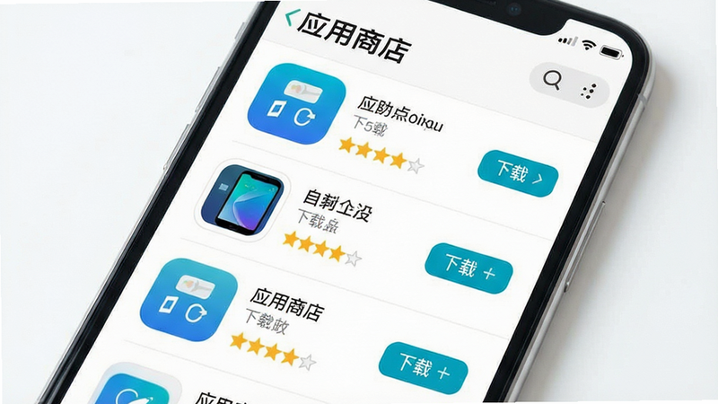 主体为手机应用商店界面,布局为列表展示,排版清晰,风格为明亮简约,细节包含下载按钮与评分星星,画质清晰,干净,无多余元素,文字“应用商店”位于顶部