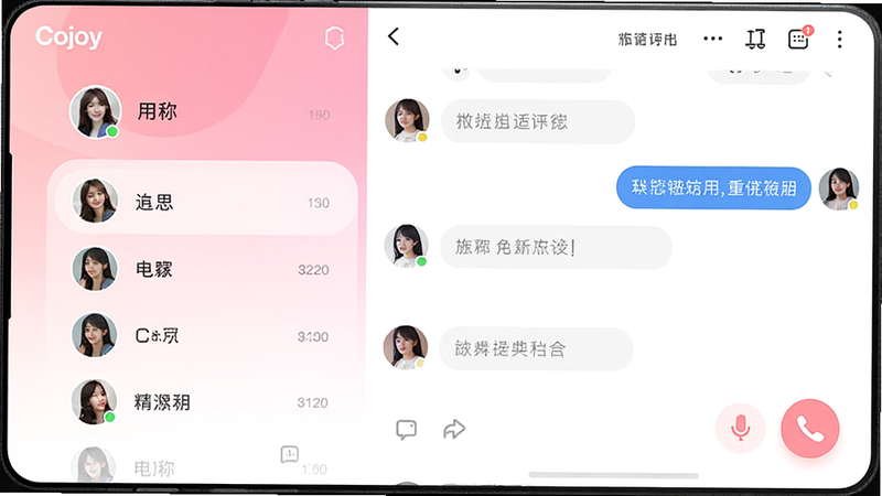 主体为Cojoy应用界面全景,布局采用左右分屏设计,左侧显示用户头像与昵称列表,右侧展示实时聊天窗口与语音通话图标,排版简洁现代,风格清新明亮,细节包含柔和的粉色与白色渐变背景,画质高清,干净,无多余元素
