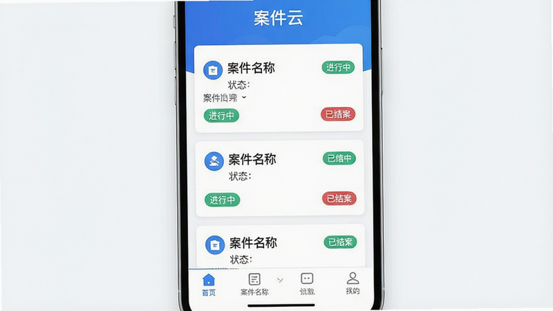 һ��չʾ������APP������ĸ����ͼ������Ϊ�ֻ���Ļ������������������ʾ�������ơ����⣬�м��г����������Ƭ�������������ơ�״̬��ǩ���硰�����С������ѽ᰸�������ײ��е����������Ϊ��Լ����������ɫ��ϸ�ڰ���������ͼ���������Ű棬���ʸ��壬�ɾ����޶���Ԫ��