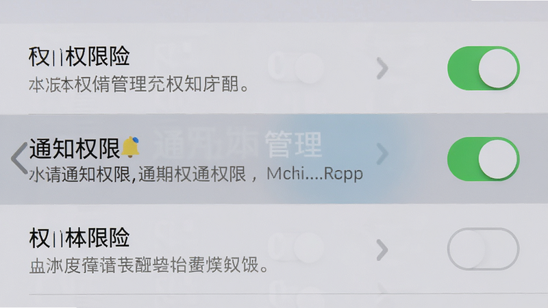 主体为手机设置界面截图,展示权限管理页面,布局为列表式菜单,风格系统原生风格,细节包含开关按钮和权限描述文字,画质清晰,背景为浅灰色,无广告干扰,文字“通知权限”高亮显示,UI简洁,高清,真实感