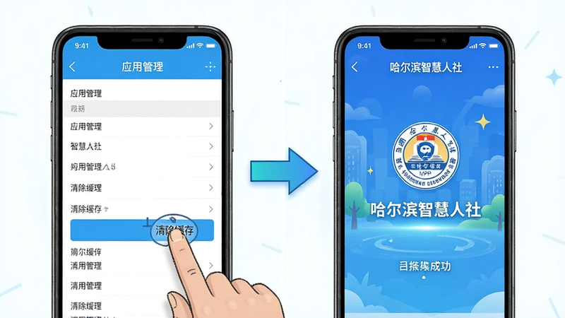 生成一张分屏对比图,左侧显示手机“应用管理”界面,手指正在点击“清除缓存”按钮,右侧显示“哈尔滨智慧人社”APP加载成功的动画,中间用箭头连接表示操作结果,风格为简洁的教程示意图,色彩明亮,步骤清晰,无多余文字干扰