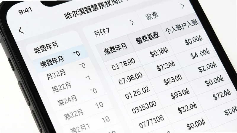 生成一张特写视角的手机屏幕截图,展示“哈尔滨智慧人社”APP内的社保查询页面,界面左侧为月份选择列表,右侧为详细的缴费明细表格,包含“缴费年月”、“缴费基数”、“个人账户入账”等列,文字清晰可读,背景为白色,界面布局紧凑有序,高保真UI设计风格,无水印