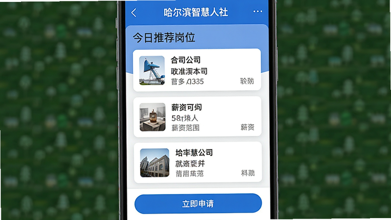 生成一张展示“哈尔滨智慧人社”APP就业服务板块的界面图,顶部为“今日推荐岗位”标题,下方列出三张带有公司名称、职位名称、薪资范围的卡片式布局,底部有“立即申请”按钮,整体色调为蓝白相间,视觉重点突出,风格现代简约,高清渲染