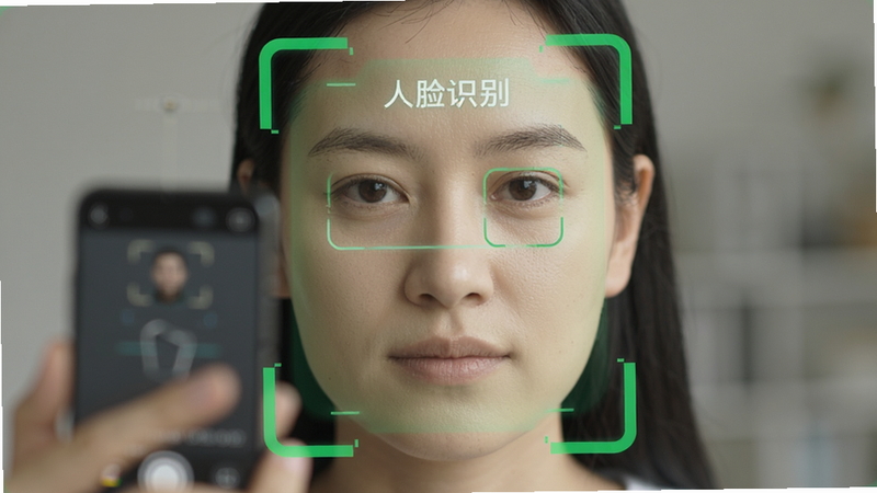 生成一张人物面部特写示意图,展示一个人正对手机摄像头进行人脸识别的场景,周围有绿色的扫描框线,背景虚化处理,突出“人脸识别”主题,风格为科技感与写实结合,清晰展示操作规范,无多余装饰