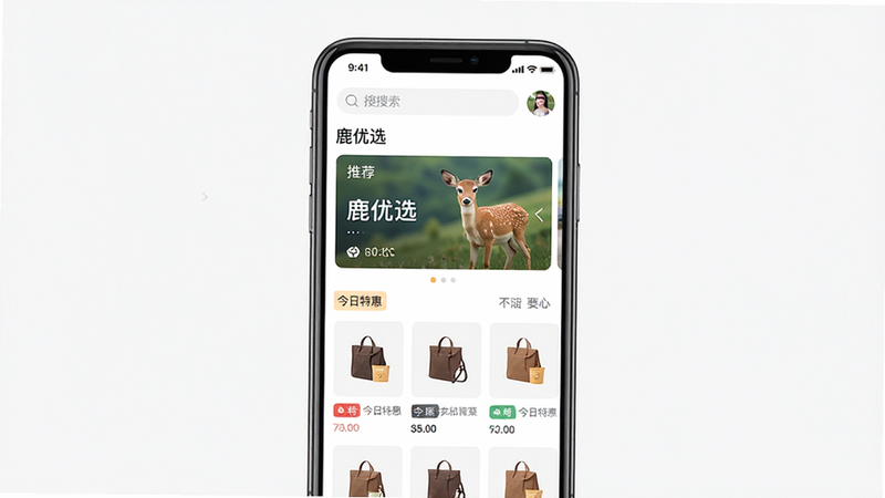 生成一张鹿优选手机APP首页的高保真UI设计图,主体是手机屏幕,布局清晰展示顶部搜索栏、中部轮播图推荐位和下方的商品网格列表,排版整齐有序,风格为现代扁平化设计,细节包含清晰的图标和柔和的配色,画质高清,干净无多余元素,文字内容包含
