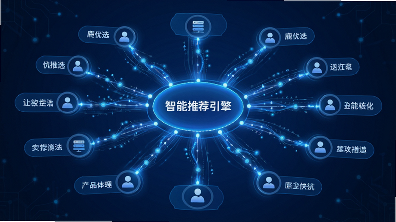 生成一张展示鹿优选智能推荐算法工作原理的概念图,主体是中心化的数据节点网络,布局呈放射状连接各个用户标签,排版逻辑清晰,风格为科技感蓝色调,细节包含数据流动的光效和节点间的连接线条,画质清晰,干净无杂乱背景,文字包含