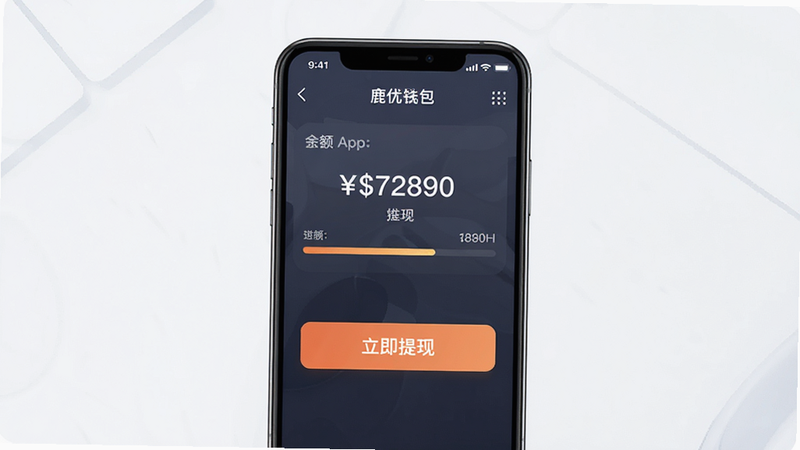 生成一张鹿优选APP钱包页面提现操作的流程示意图,主体是手机屏幕显示余额和提现按钮,布局简洁明了,排版突出操作按钮,风格为扁平化UI设计,细节包含金额数字和进度条,画质高,干净无多余装饰,文字包含