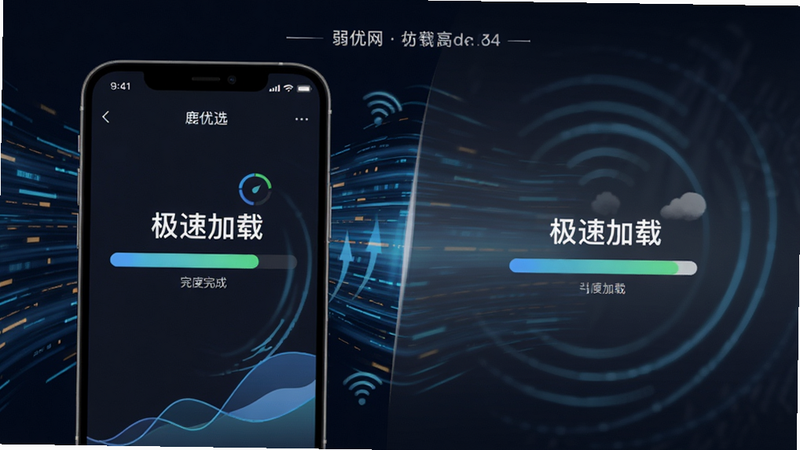 生成一张鹿优选APP在弱网环境下依然流畅运行的对比示意图,主体是手机屏幕显示加载进度条瞬间完成的画面,布局突出速度感,排版简洁,风格为动感线条装饰,细节包含高速数据流背景和流畅的界面元素,画质高,干净无噪点,文字包含
