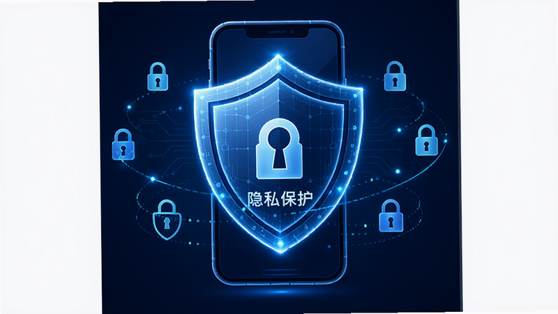 生成一张鹿优选数据安全保护的盾牌概念图,主体是一个发光的数字盾牌守护着手机轮廓,布局中心对称,排版稳重,风格为深蓝色科技安全风,细节包含盾牌上的锁孔图标和周围环绕的数据加密符号,画质精致,干净无多余装饰,文字包含