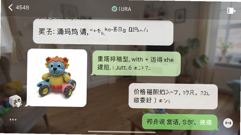 手机端聊天界面截图,显示买家与卖家关于玩具细节的对话,包含产品图片发送与价格确认环节,界面整洁,气泡对话清晰,背景虚化,突出沟通顺畅与信任感,写实摄影风格,光影自然,细节锐利