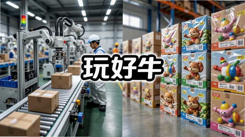 展示工厂生产线与仓库发货场景的拼贴图,左侧是自动化组装线,右侧是整齐堆放的玩具包装箱,中间叠加“玩好牛”品牌Logo,画面明亮,体现工业效率与物流速度,写实风格,细节丰富,高清画质