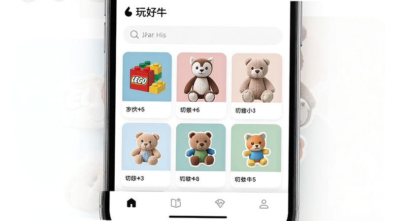 一张现代简约风格的UI界面设计图,主体为手机屏幕显示“玩好牛”APP首页,顶部有搜索栏,中间是网格状排列的玩具产品卡片,包括乐高积木、毛绒公仔等,底部有导航栏,整体色调清新明亮,白色背景,高清渲染,干净无多余元素